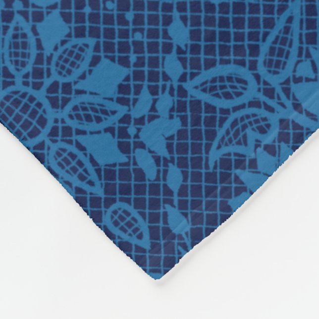 Indigo Blue Floral Faux Lace Pattern Fleece Blanket (Corner)