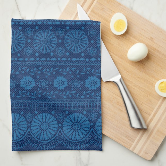 Indigo Blue Floral Faux Lace Pattern Kitchen Towel (Quarter Fold)