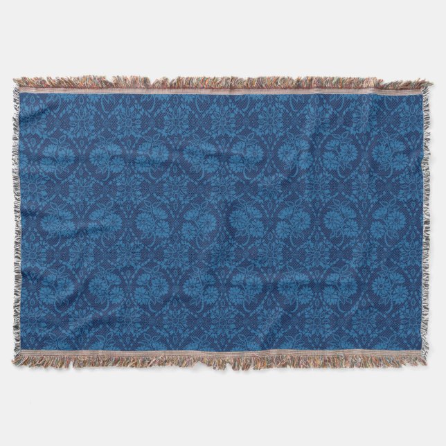 Indigo Blue Floral Faux Lace Pattern Throw Blanket (Front)