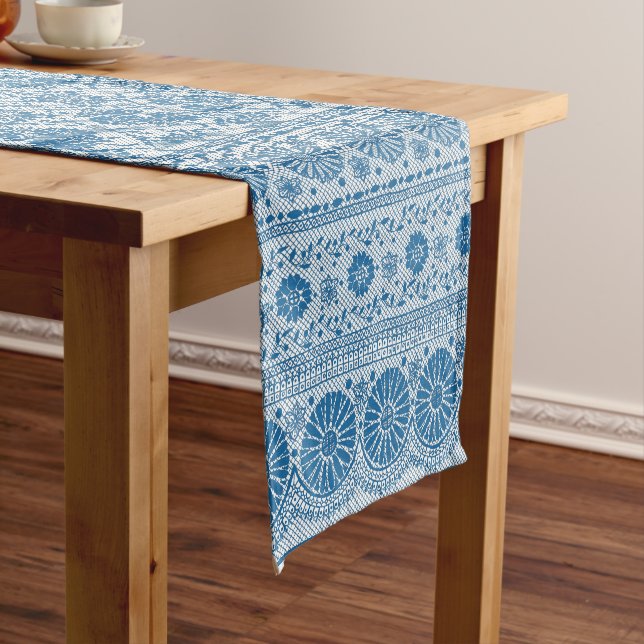 Indigo Blue Floral Faux Lace Pattern to Customize Short Table Runner (In Situ)