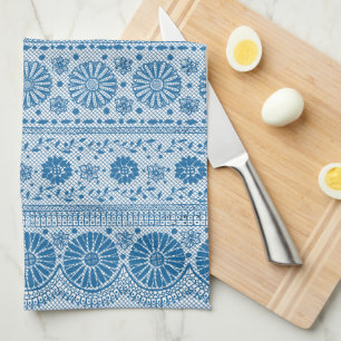 Indigo Blue Floral Faux Lace Pattern to Customize Towel