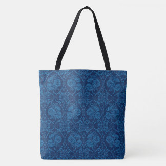 Indigo Blue Floral Faux Lace Pattern Tote Bag