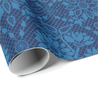 Indigo Blue Floral Faux Lace Pattern Wrapping Paper