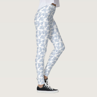 Indigo Blue Floral Pattern on White to Customize Leggings