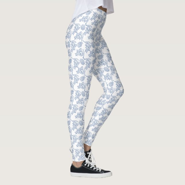 Indigo Blue Floral Pattern on White to Customize Leggings (Right)