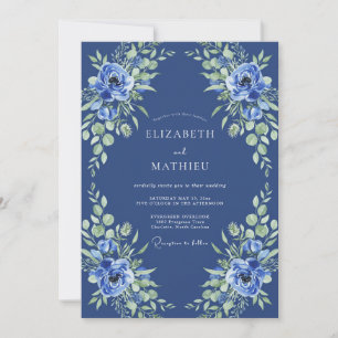 Indigo Blue Floral Romantic Wedding Invitation