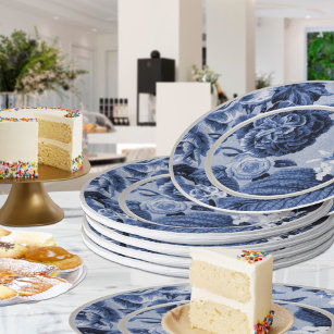 White & Blue Toile Paper Dessert Plates