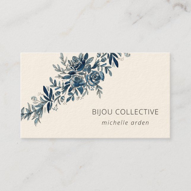 Indigo blue floral vintage business card (Front)