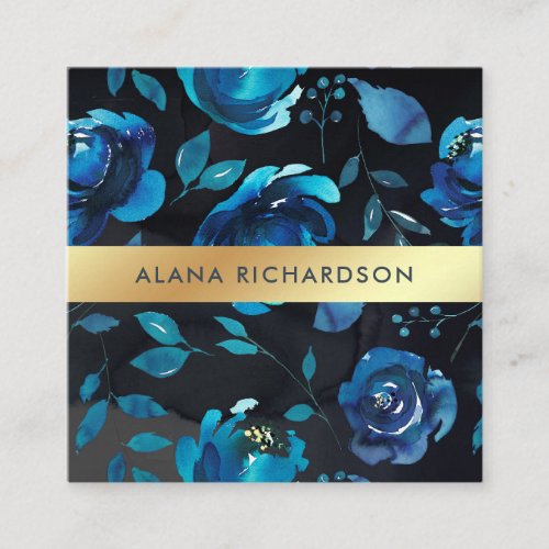 Indigo Blue Floral with Faux Gold Look Square Business Card