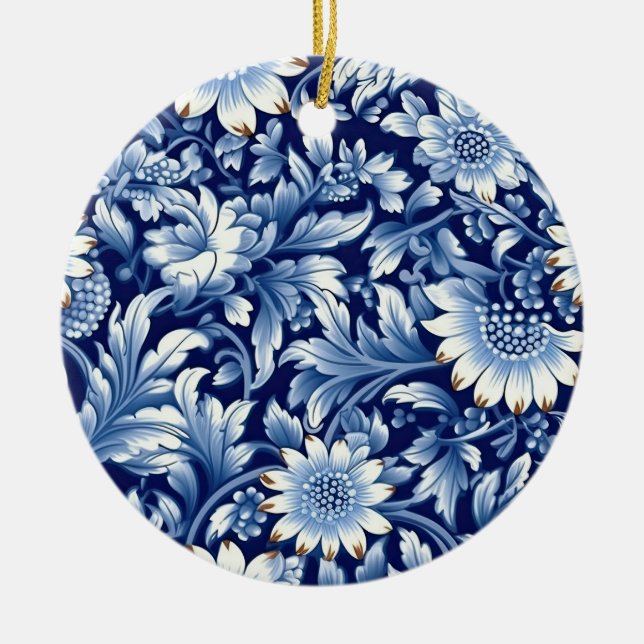 Indigo Blue Flowers Ceramic Ornament (Front)
