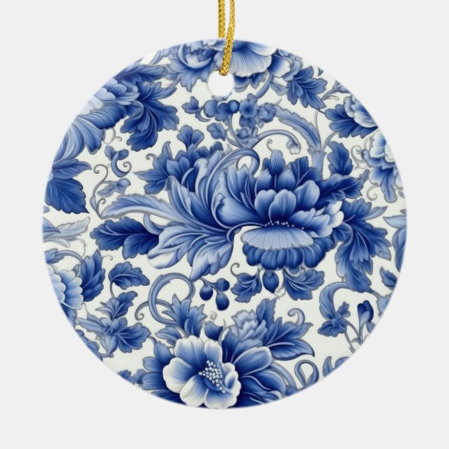 Indigo Blue Flowers Ceramic Ornament (Front)