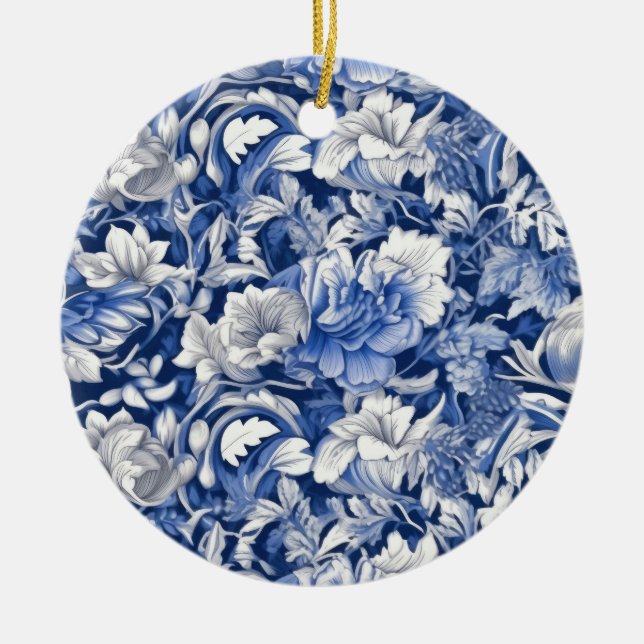 Indigo Blue Flowers Ceramic Ornament (Front)