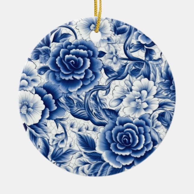 Indigo Blue Flowers Ceramic Ornament (Front)