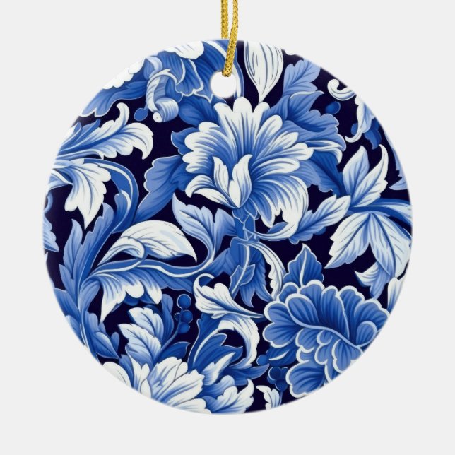 Indigo Blue Flowers Ceramic Ornament (Front)