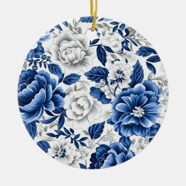 Indigo Blue Flowers Ceramic Ornament (Front)