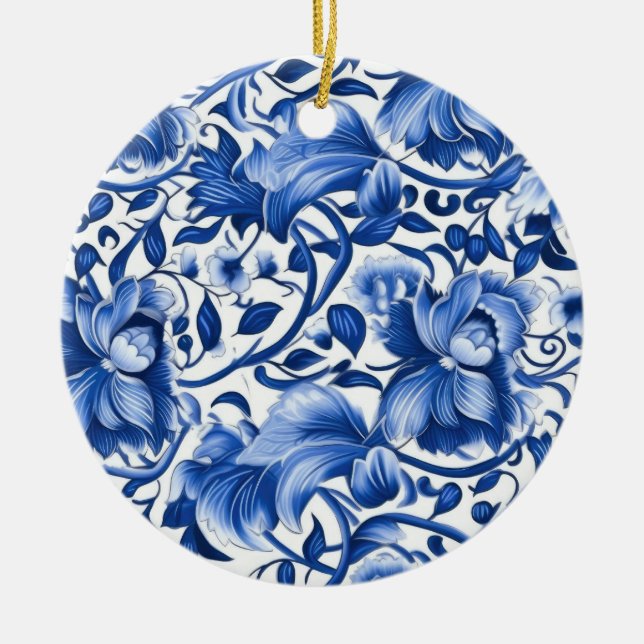 Indigo Blue Flowers Ceramic Ornament (Front)