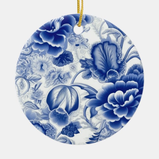 Indigo Blue Flowers Ceramic Ornament (Front)
