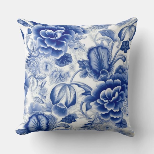 Indigo Blue Flowers Throw Pillow (Front)