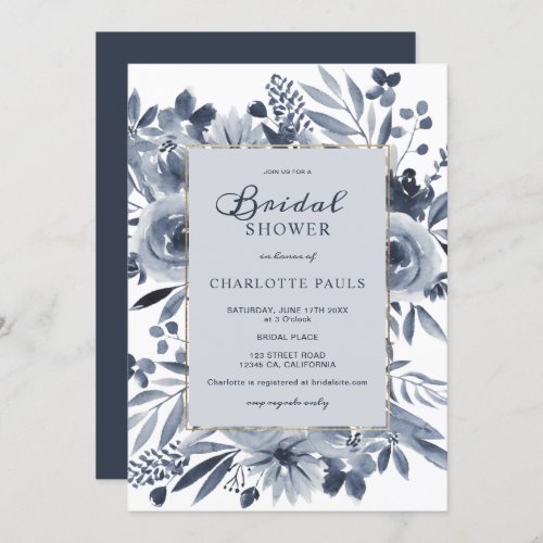 Indigo blue gold floral watercolor bridal shower invitation