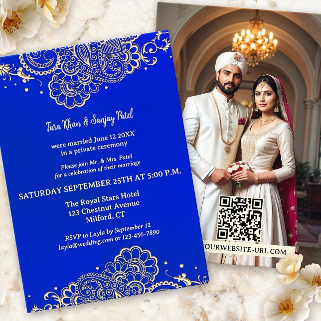 Indigo Blue Gold Henna After Wedding Invitation (Wedding reception only, post or after wedding invitation featuring gold stylized henna on royal blue)
