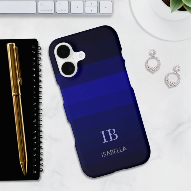 Indigo Blue Gradient Color Stripes with Monogram iPhone Case (Creator Uploaded)