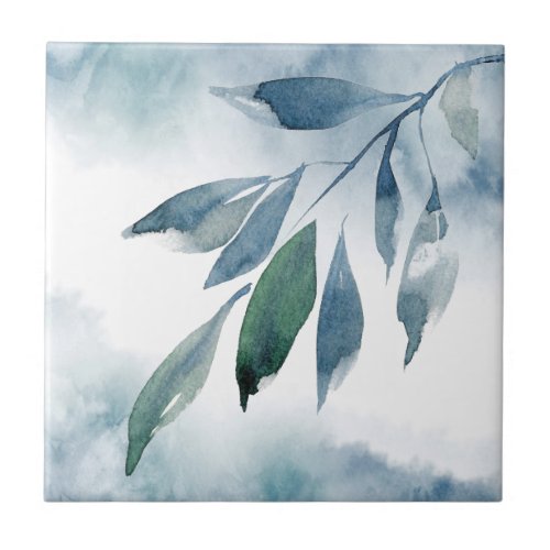 Indigo Blue Green Abstract Leaves Ceramic Tile