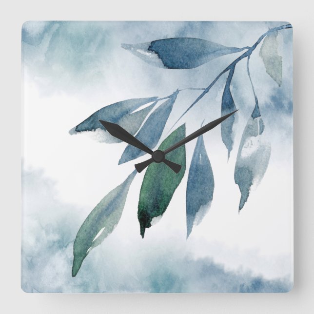 Indigo Blue Green Abstract Leaves Square Wall Clock (Front)