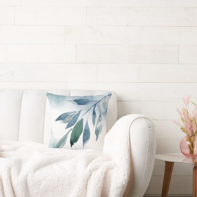 Indigo Blue Green Abstract Leaves Throw Pillow (Couch)