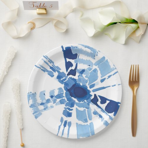 Indigo blue japanese shibori sunburst watercolor  paper plates