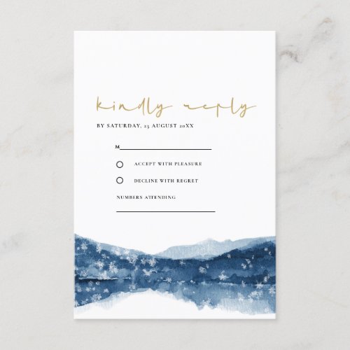 INDIGO BLUE LAKE MOUNTATINS GOLD SNOW WEDDING RSVP ENCLOSURE CARD