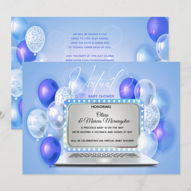 Indigo Blue Laptop Virtual Baby Boy  Shower Invitation (Front/Back)