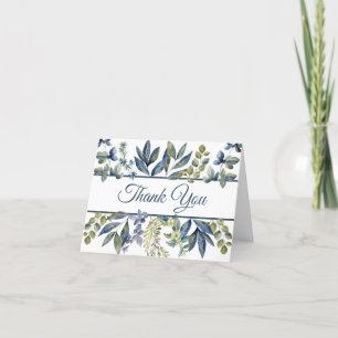 Indigo Blue Leaves Border Letterpress Thank You Card