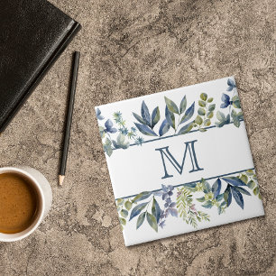 Indigo Blue Leaves Border Monogram Ceramic Tile