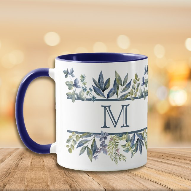 Indigo Blue Leaves Border Monogram Mug (Creator Uploaded)