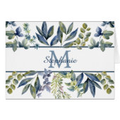 Indigo Blue Leaves Border Monogram Note Card (Front Horizontal)