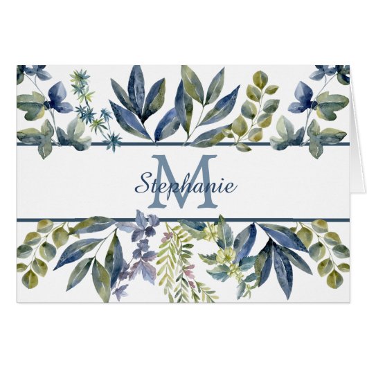 Indigo Blue Leaves Border Monogram Note Card (Front Horizontal)