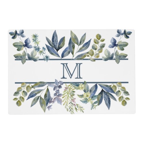 Indigo Blue Leaves Border Monogram Placemat