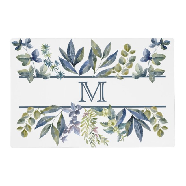 Indigo Blue Leaves Border Monogram Placemat (Front)
