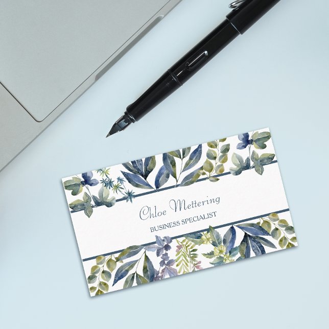 Indigo Blue Leaves Border Professional Business Card (Creator Uploaded)
