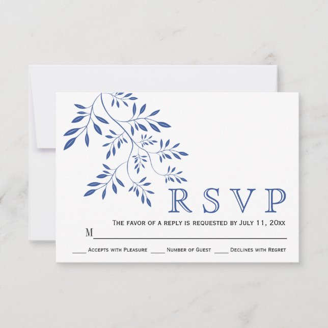 Indigo blue leaves contemporay floral wedding RSVP (Front)
