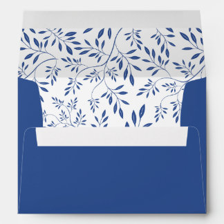 Indigo blue leaves pattern and initials wedding envelope