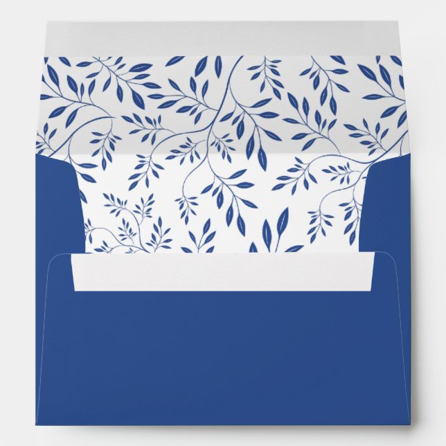 Indigo blue leaves pattern and initials wedding envelope (Back (Bottom))