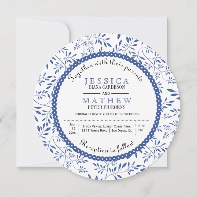 Indigo blue leaves pattern modern floral wedding invitation (Front)
