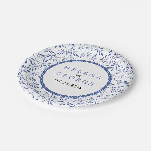 Indigo blue leaves pattern modern floral wedding paper plates (Angled)