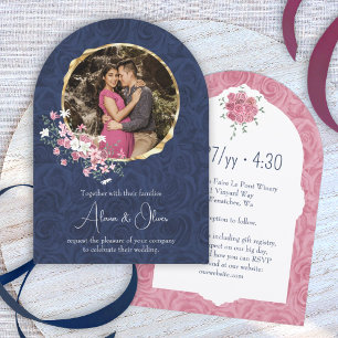 Indigo Blue, Mauve Pink Roses, Circular Gold Frame Invitation