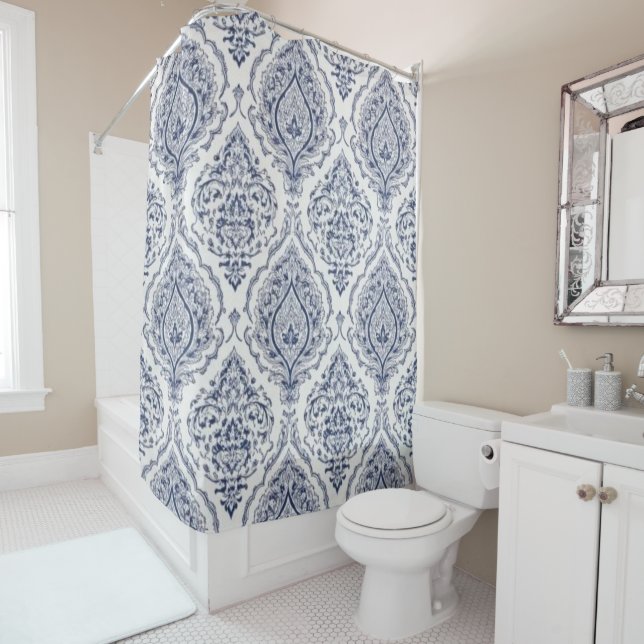 Indigo Blue Medallion Shower Curtain (In Situ)
