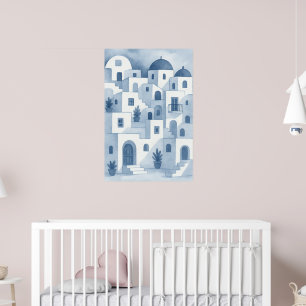 Indigo Blue Mediterranean Village Watercolor Wall  Poster