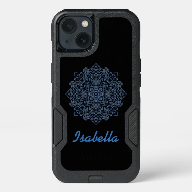 indigo blue  metalic Mandala black monogrammed Otterbox iPhone Case (Back)