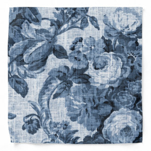 Indigo Blue Modern Vintage Floral Toile Hanky Bandana