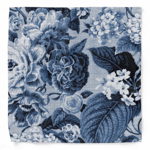 Indigo Blue Modern Vintage Floral Toile Hanky Bandana